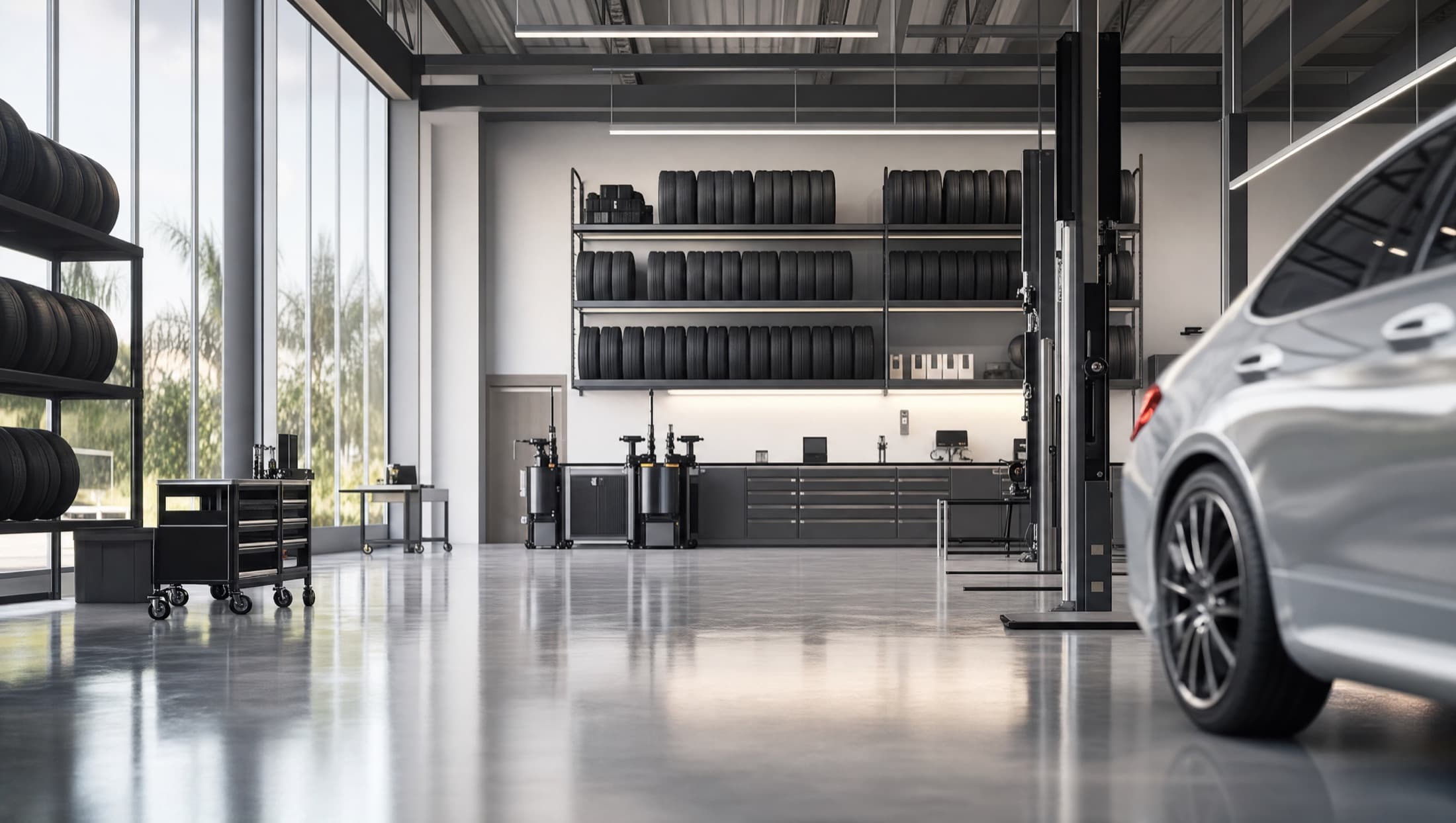 Tyre shop with work area and tyres
