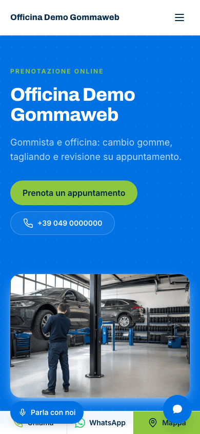 tyresweb demo website generated for a shop, seen on mobile