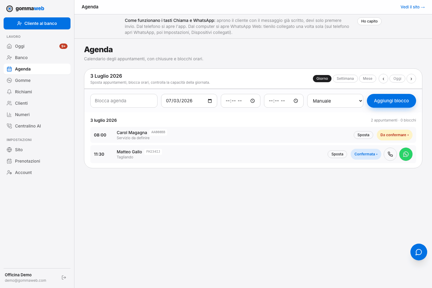 Real screen of the tyresweb calendar with appointments and jobs